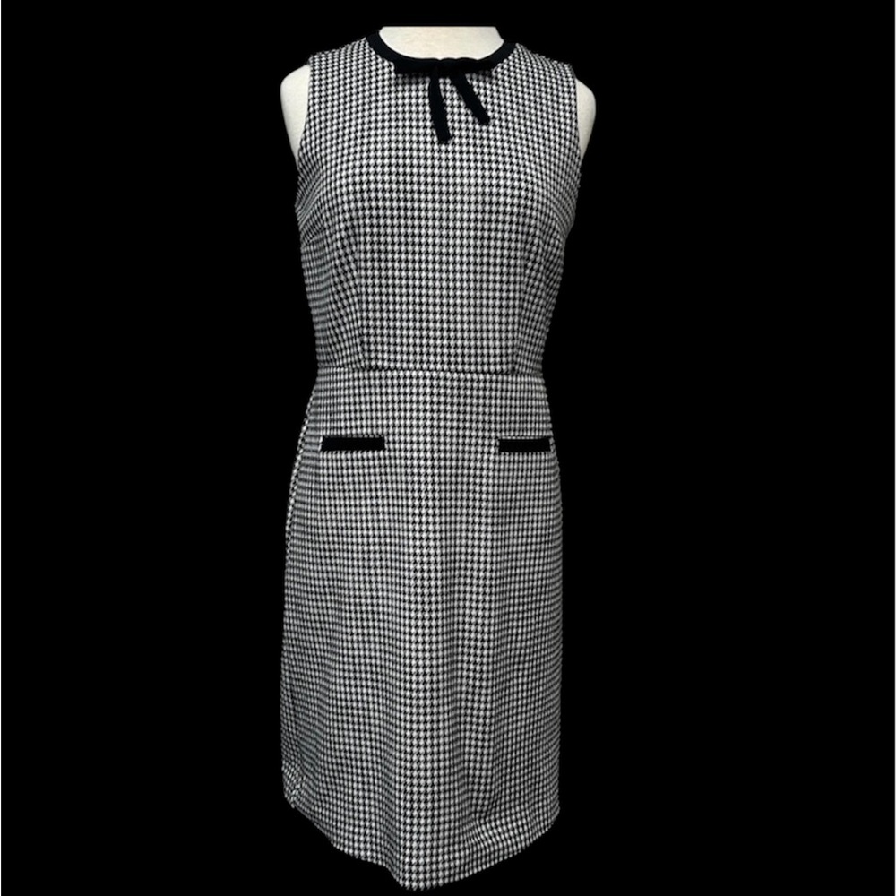 Talbots Petite Houndstooth Academia Dress Bow Accent Preppy Classic Black White